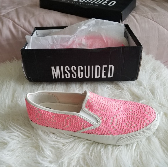 MISSGUIDED NEON PINK SLIP ON LACE SNEAKERS - Picture 2 of 8